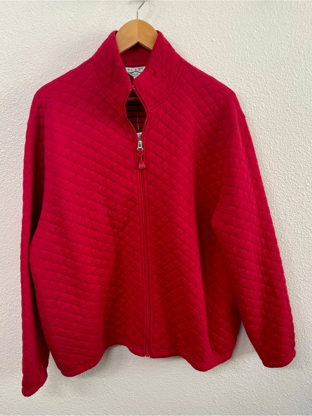 Blast Quilted Red Zip-Front Jacket in Vibrant Red, Navy Striped Lining, Pockets